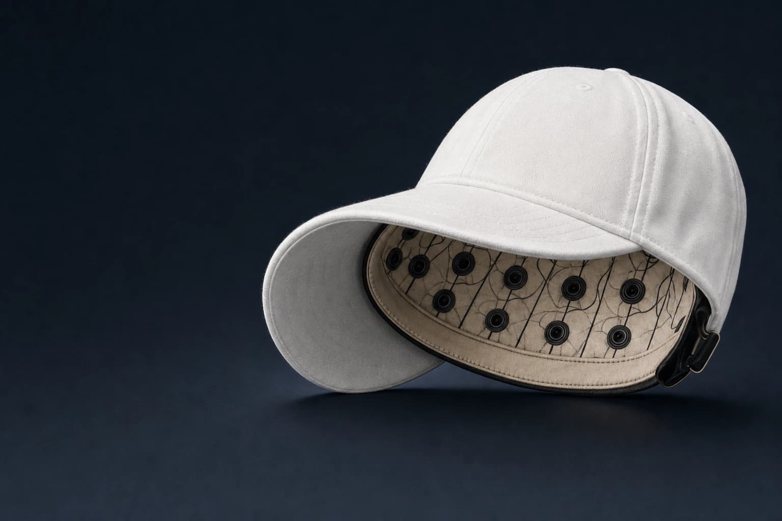 White baseball hat with an instrumented sensing lining